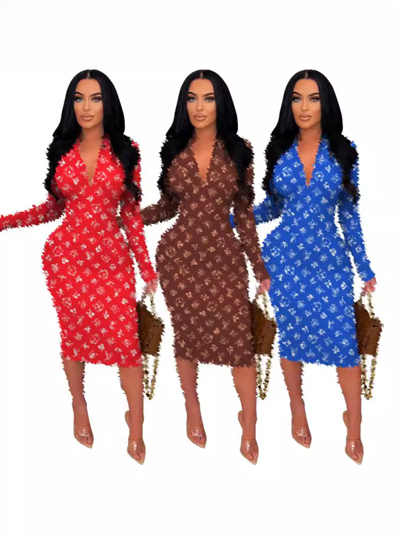 Designer Dress Women's Classic Print Casual Print Deep V-Neck Hidden Zipper High-Stretch Fall Winter Long-Sleeve Dress Sizes S-XXL