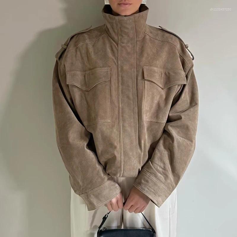 Women's Jackets Leather Zartins Coat Khaki Outwear Long Sleeve Tops 2025 With Pockets Streetwear Fashion Woman