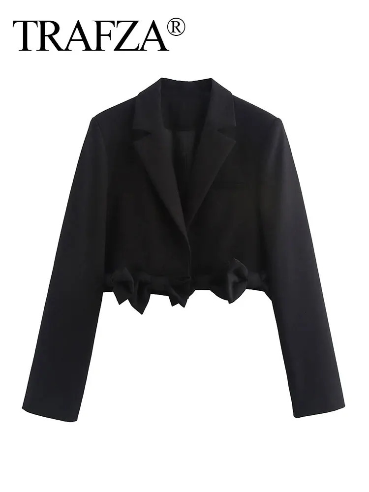 TRAFZA Female Elegant Spring Causal Blazer Solid Color TurnDown Collar Long Sleeves Bow Decorate High Street Cropped Coats 250908