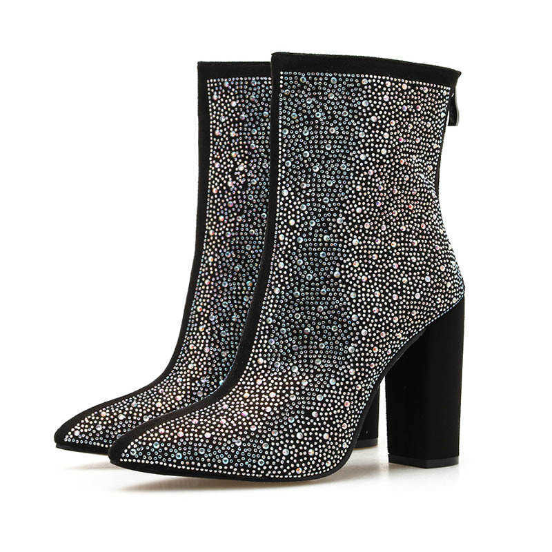 Women's Boots Autumn Winter New Fashion Large Size Chunky Heel Rhinestone Pointed Toe High Heel Ankle Boots