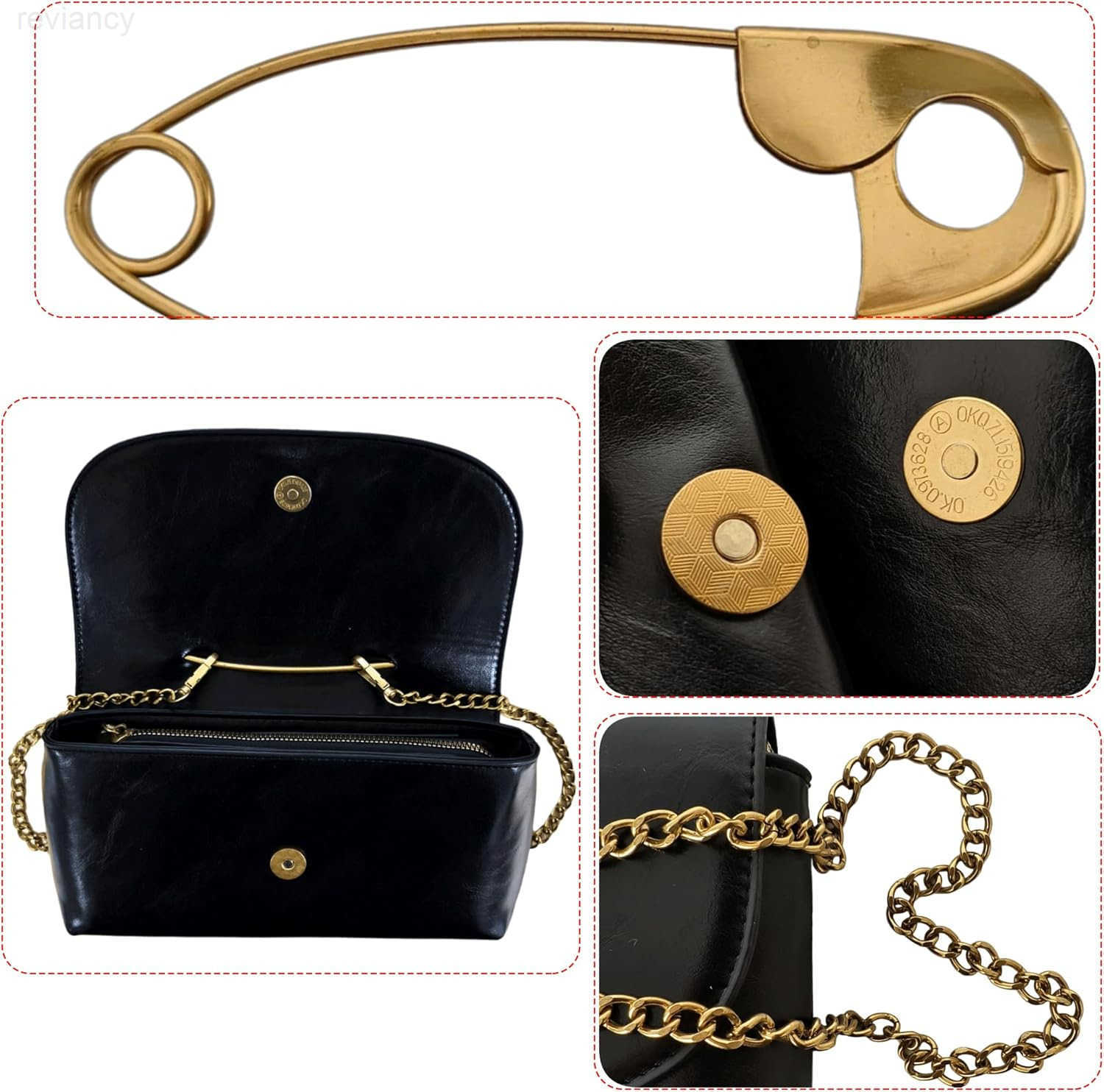 Womens Small Black Soft Pin Shaped Vegan Leather Crossbody Purse Bag with Gold Metallic Handles ChainW250908