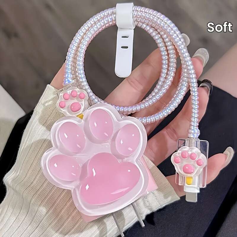 DHgargets Girly Pink Cute Cat Print Data Cable Protective Cover 20w Suitable for Apple iPhone Fast Charging Case Charger