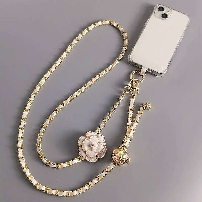 Mobile phone lanyard Adjustable Round Ball CrossbodyTelescopic Buckle Camellia Phone Lanyard Pickup Neck Bag Metal Chain Mobile