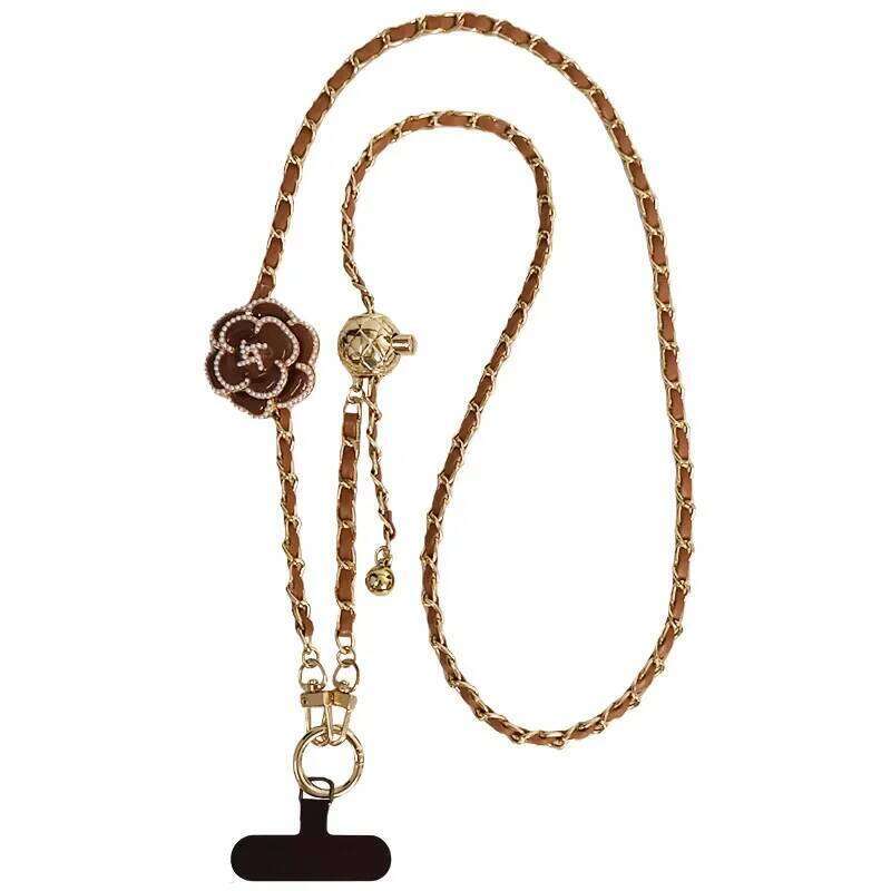 Mobile phone lanyard Adjustable Round Ball CrossbodyTelescopic Buckle Camellia Phone Lanyard Pickup Neck Bag Metal Chain Mobile