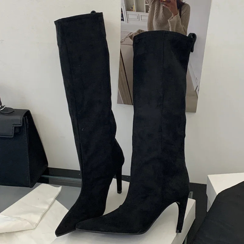 Aneikeh Concise Fashion KneeHigh Women Boots Thin Heels Shoes Female Winter Pointed Toe Long Booties Zapatos De Muje 250908