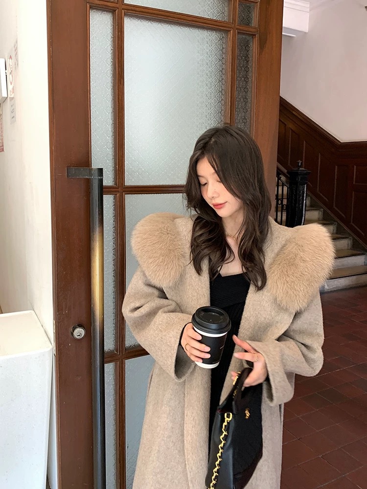 French lazy autumn and winter new hooded double-sided cashmere coat medium long fox fur collar woolen coat for women
