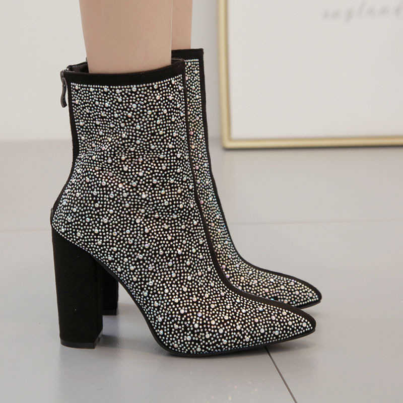 Women's Boots Autumn Winter New Fashion Large Size Chunky Heel Rhinestone Pointed Toe High Heel Ankle Boots
