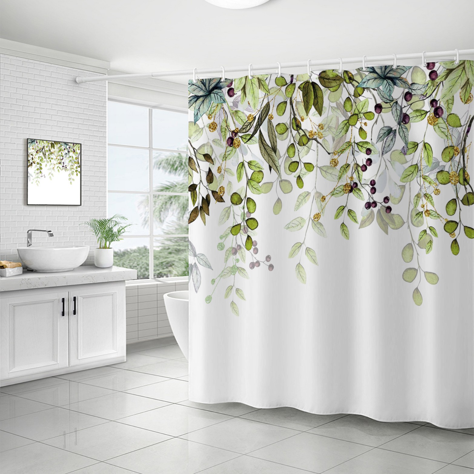 YL-37123 digital shower curtain cross-border plant flower waterproof polyester bathroom four-piece set dry and wet separation moisture-proof
