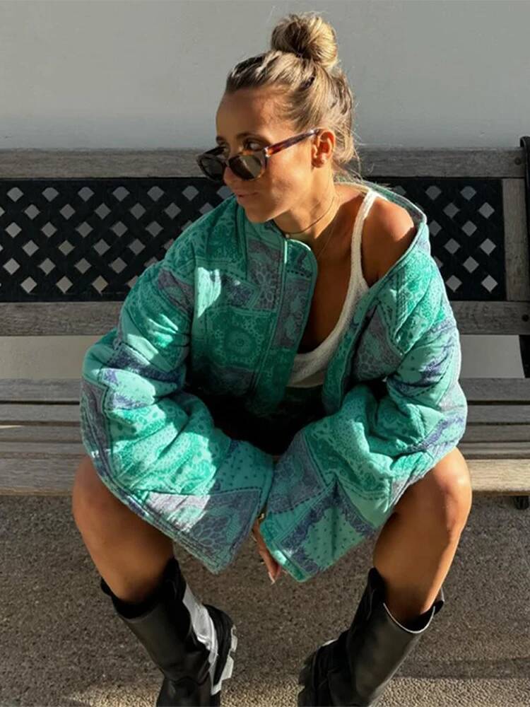 2025 Retro Green Printed Cotton Jacket Women's Stand up Collar Zipper Trendy Jacket Large Pocket Warm Jacket Autumn/Winter New design Designer Cl