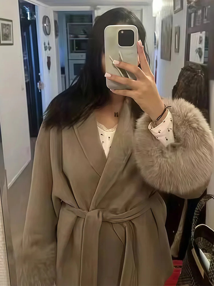 Elegant Lapel Woolen Jacket With Belt Women 2025 Autumn Wool Blend Faux Fur Cuffed Sleeve Coats Fashion Lady Lace Up Outerwear250908