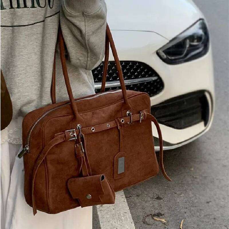 2025 New Large Capacity Vintage Style Suede Tote Bag With Belt Buckle Closure Soft Cow Leather Shoulder Handbag For Office Use