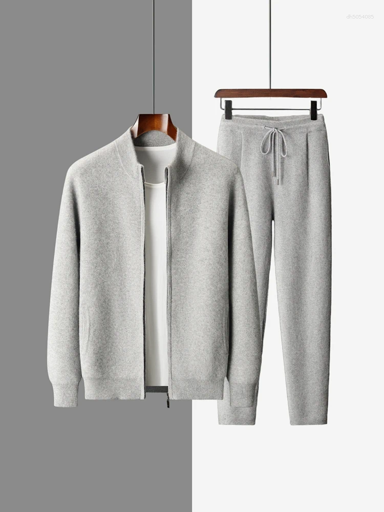 Mens Tracksuits Men Mock Neck Zippers Cardigan Cashmere Sweater Pants Sets Elastic Waist Pencil Trousers Knitted Thicken Clothing