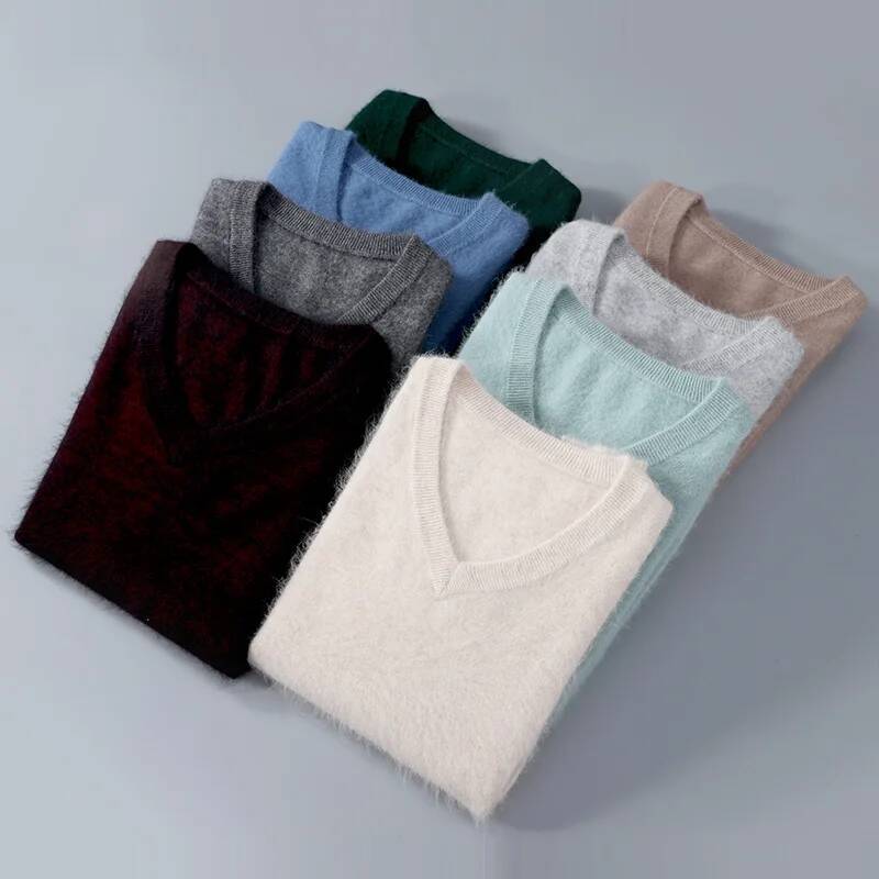 Men's 100% Pure Cashmere Sweater V-neck Pullover Knit Bottoming Shirt Autumn And Winter New Long-Sleeve High-End Mink Tops