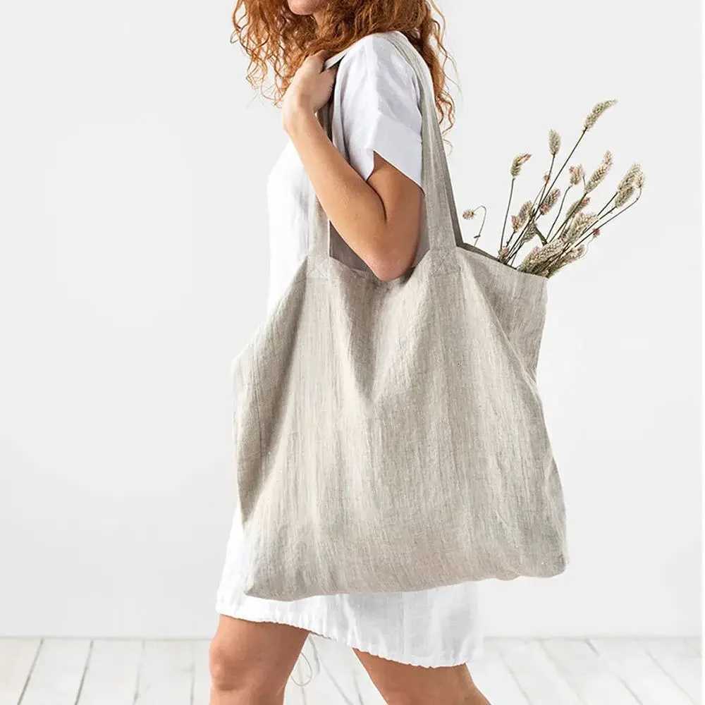 French Dew Retting Linen 100 Pure Hemp Supermarket Environmental Cloth Bag Carrier Foldable Portable Shopping Bag Women R250908