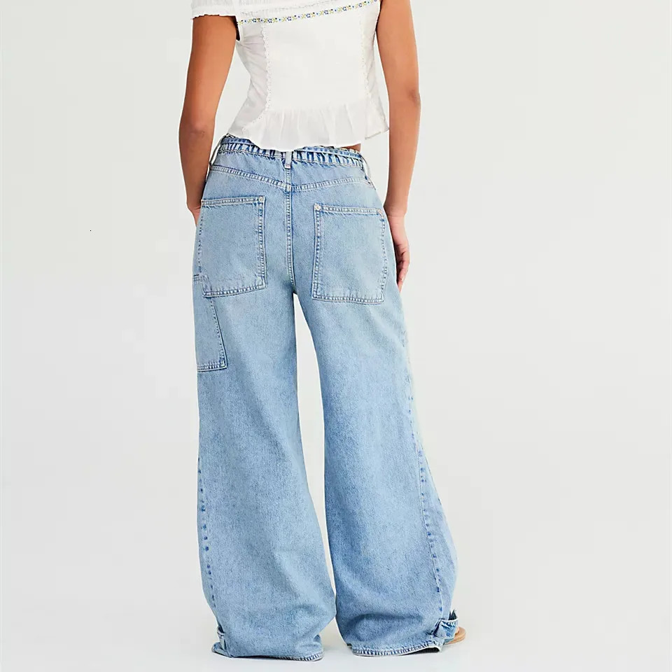 Women Fashion WideLeg Jeans Big Pockets Loose Denim Pants Spring Summer Casual Baggy Trousers Y2K Vintage Streetwear 250908