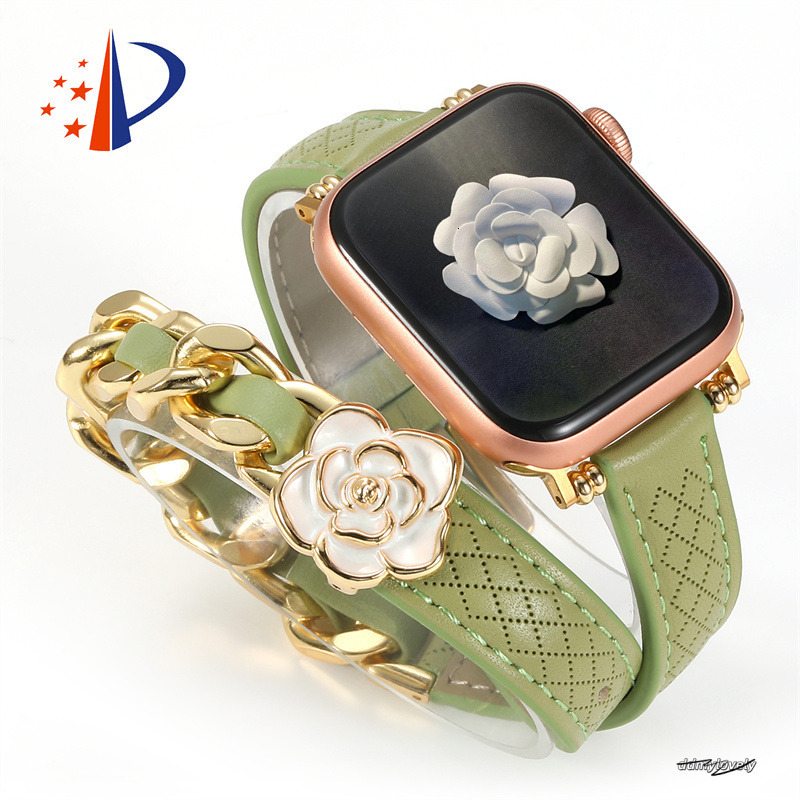 Designer Camellia Flower Genuine Leather Apple Watch Straps For Applewatch 49Mm 46Mm 45Mm 44Mm 42Mm 41Mm Fashion Watchband Iwatch Series 10 9 8 7 6 5 