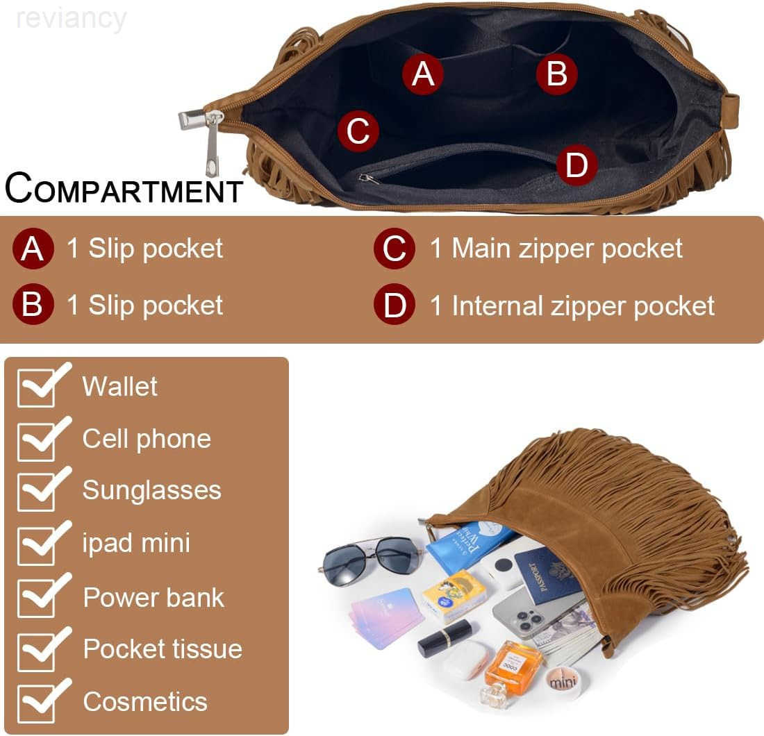 Fashion Women Fringe Hobo Bag Western Purse Shoulder Bag Vegan Suede Tassel Hippie Crossbody BagW250908