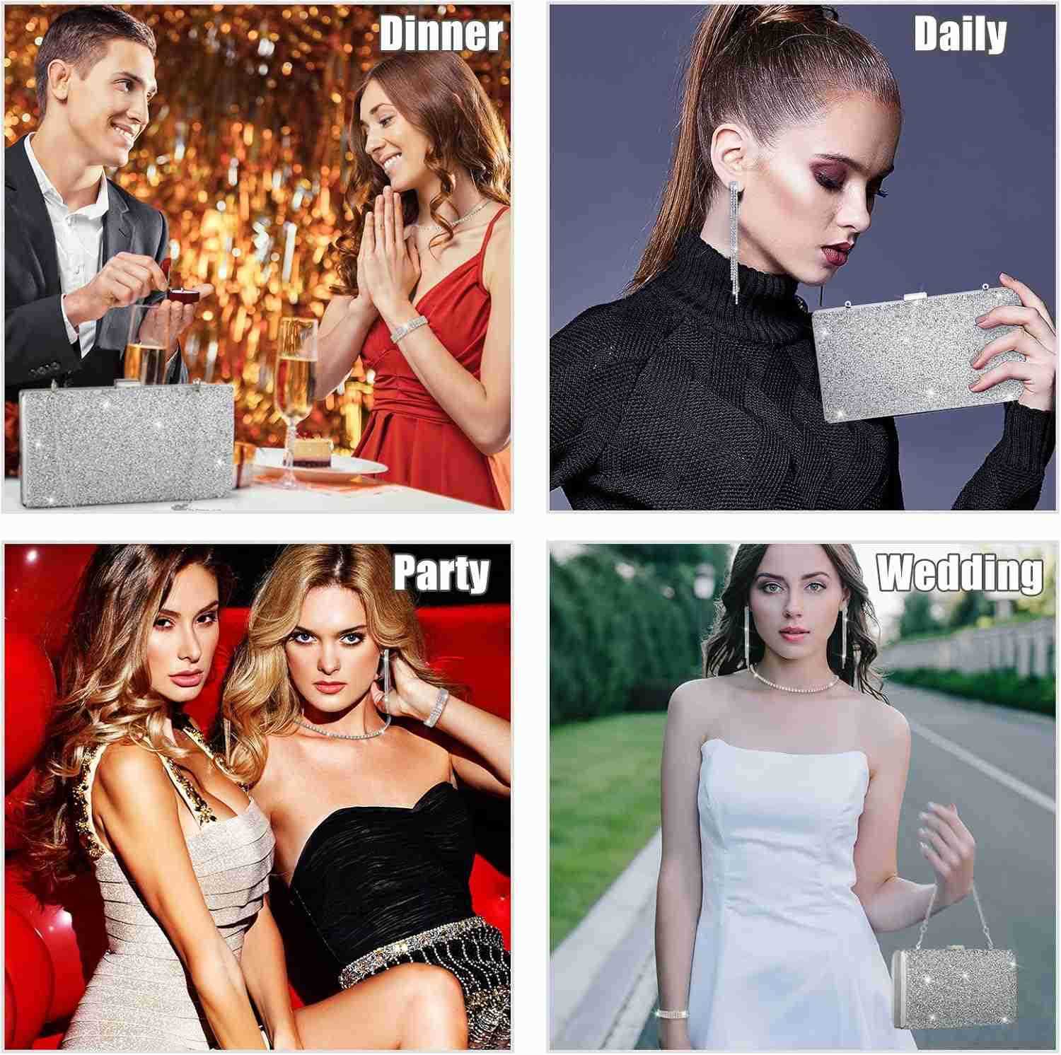 4 Pieces Women Rhinestone Evening Clutch Bag Bling Earring Necklace Bracelet for Wedding FormalW250908