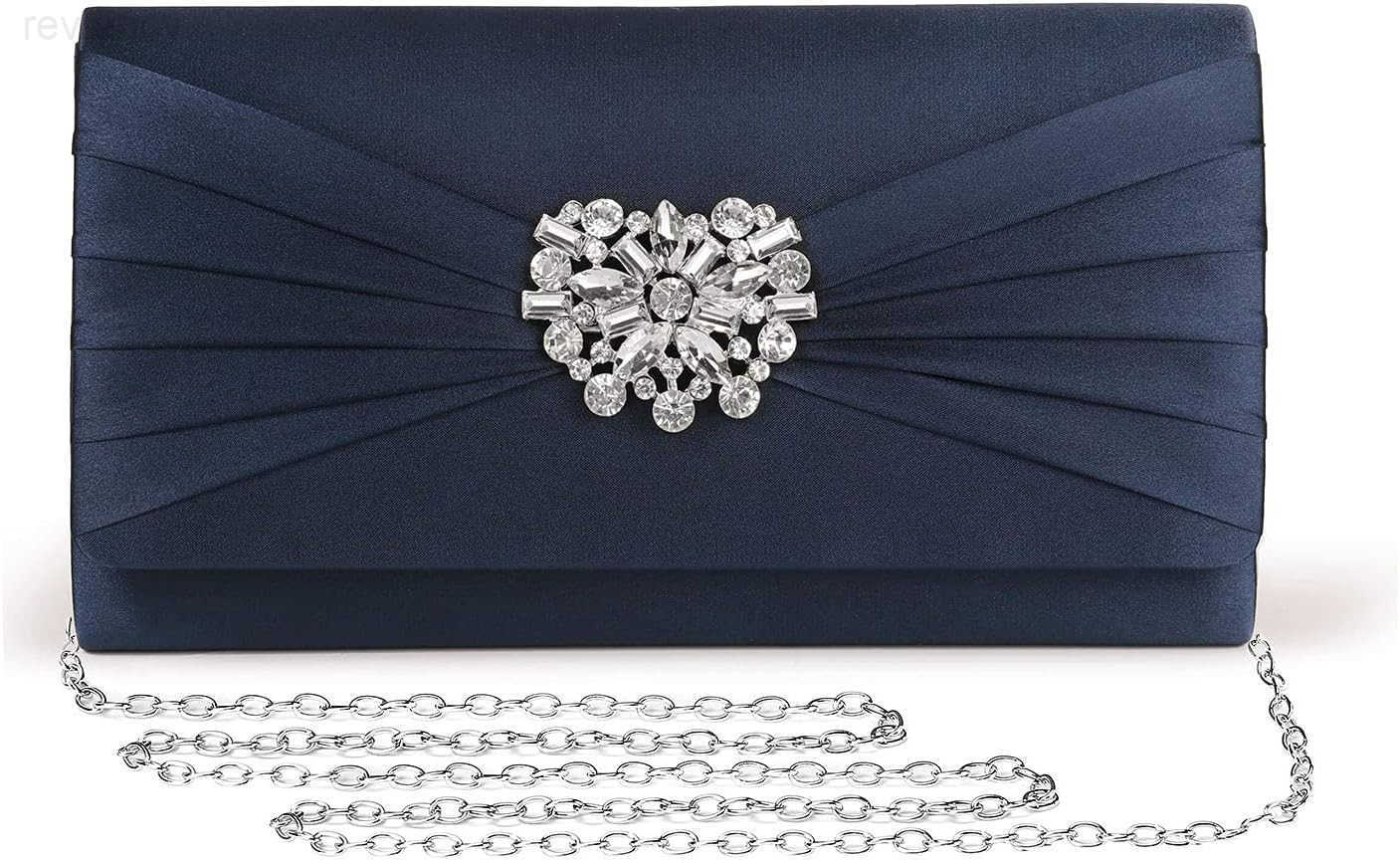 Evening Bags For Women Pleated Satin Rhinestone Brooch Prom Clutch Purse With Detachable Chain Strap Deep Navy BlueW250908