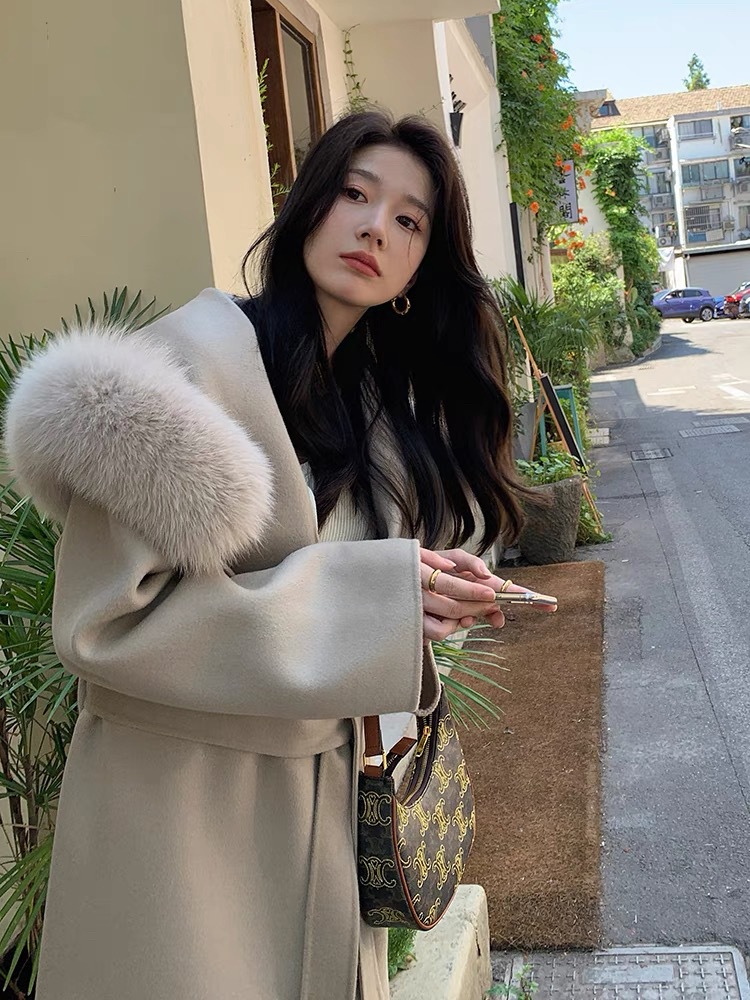 French lazy autumn and winter new hooded double-sided cashmere coat medium long fox fur collar woolen coat for women