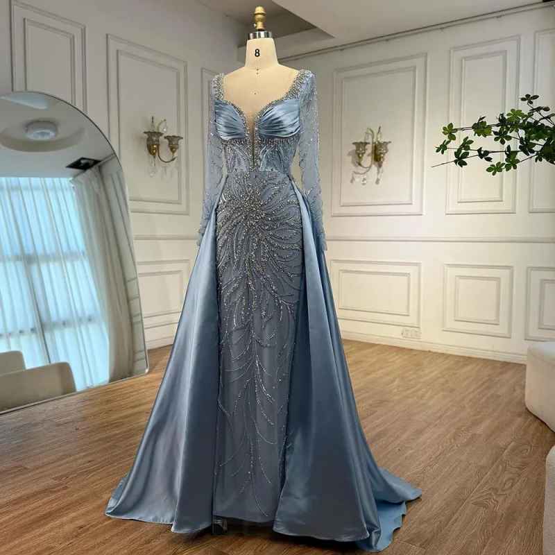 Luxury Designer Blue Beaded Evening Prom Dress with Long Sleeves Gown for Women Party Customized Serene Hill