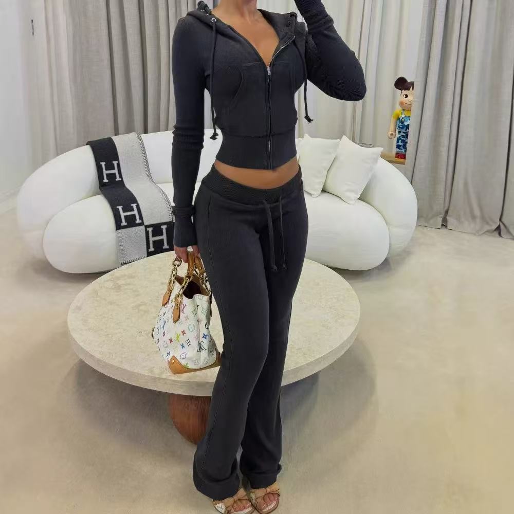 Women's set, high-quality designer, trendy and elegant set, retro sports pants, cardigan sweater set