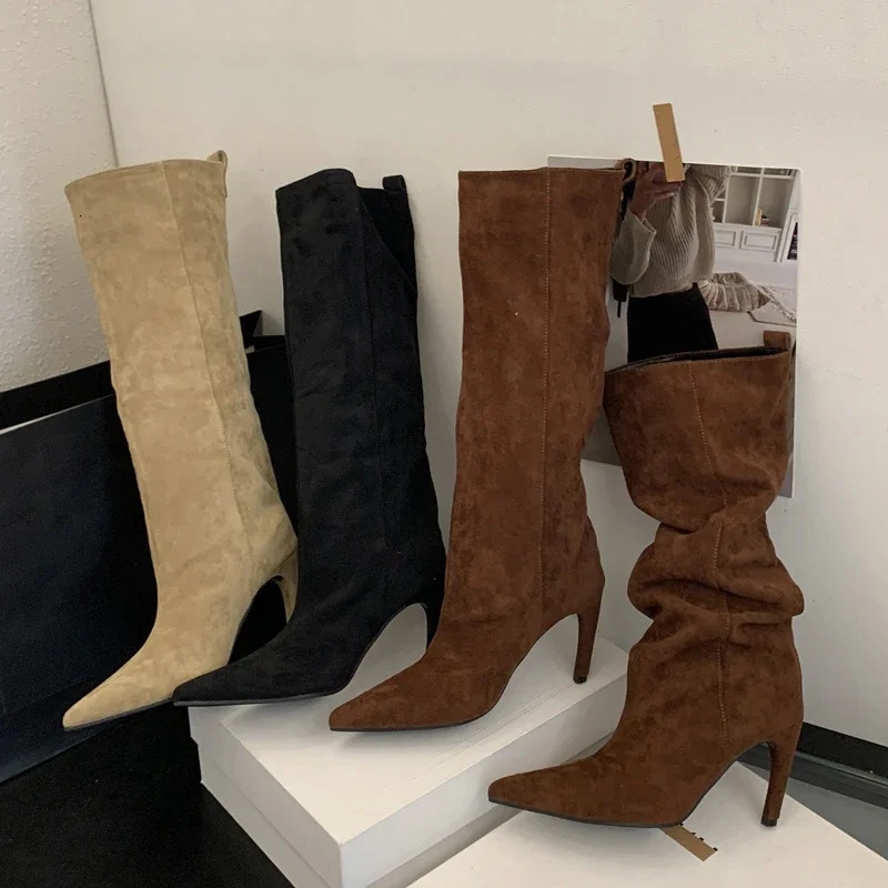 Aneikeh Concise Fashion KneeHigh Women Boots Thin Heels Shoes Female Winter Pointed Toe Long Booties Zapatos De Muje 250908