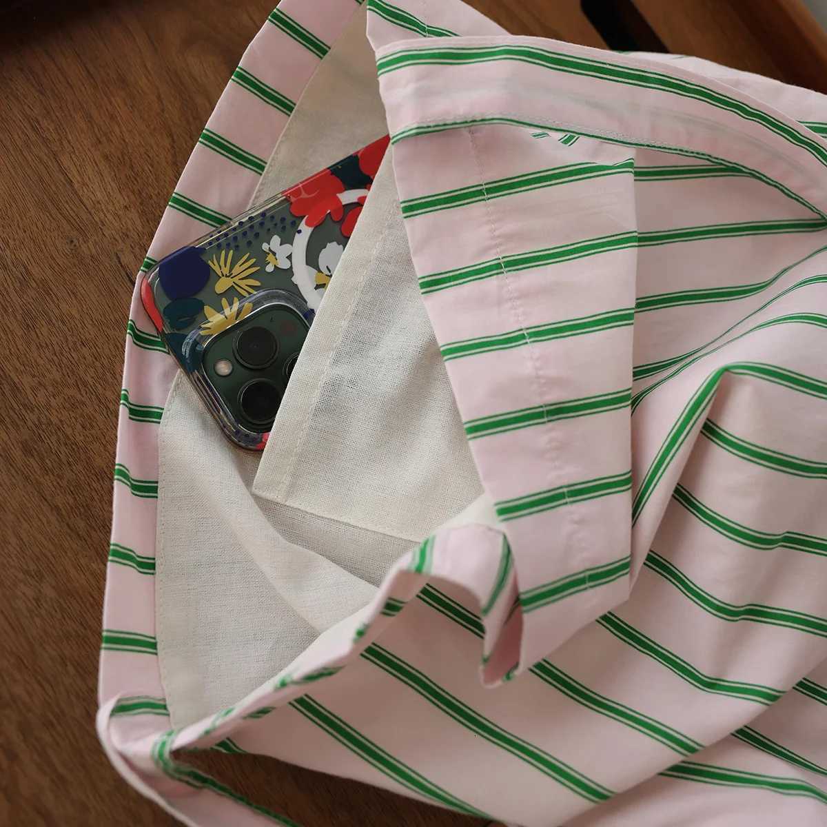 College style pink green striped shoulder bag simple versatile casual fabric tote bag girls canvas bag travel bag for women R250908