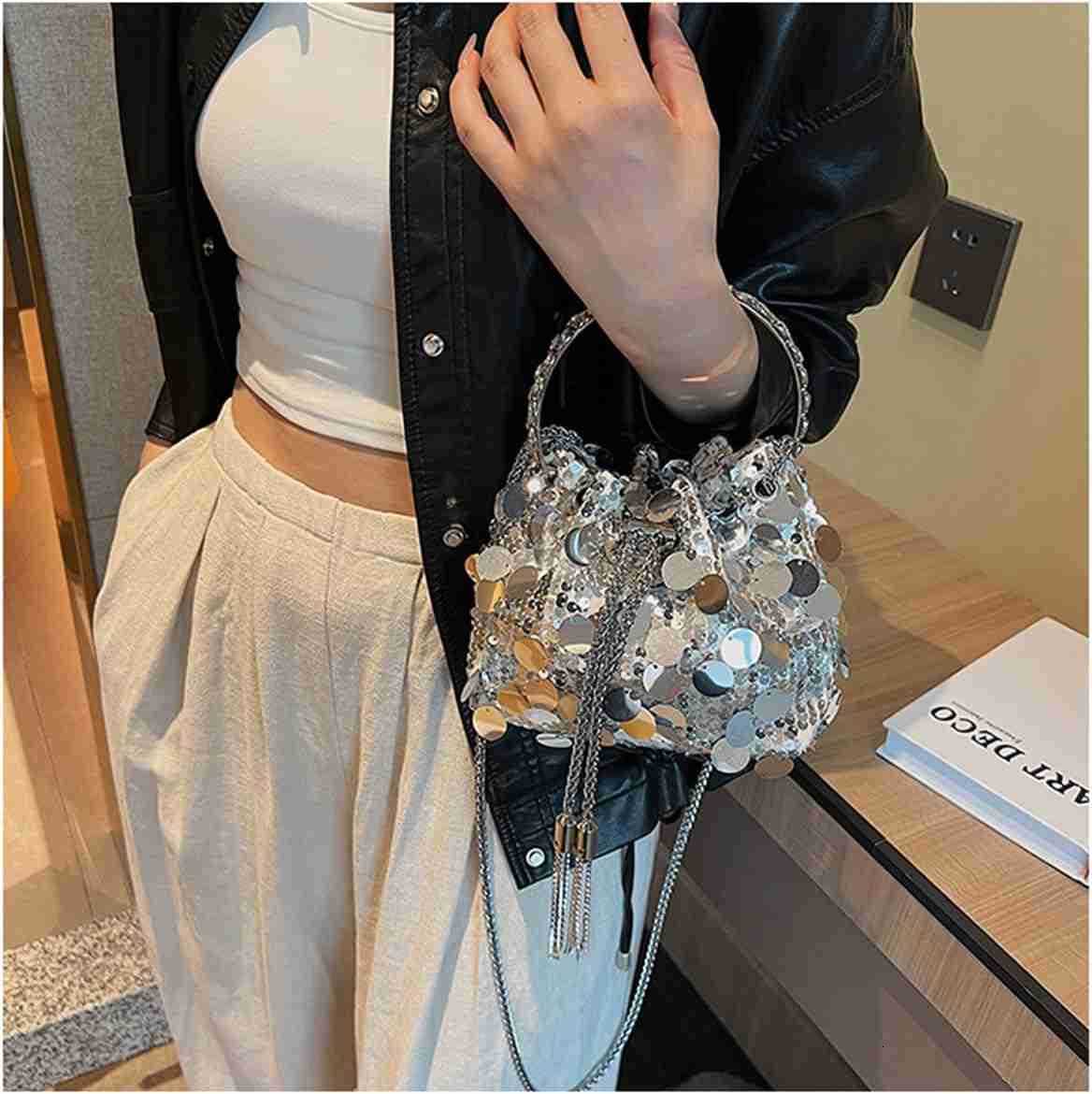 Women Sparkly Sequin Clutch Purse Glitter Metal Tassel Evening Handbag Crossbody Bag for Party Prom BanquetW250908