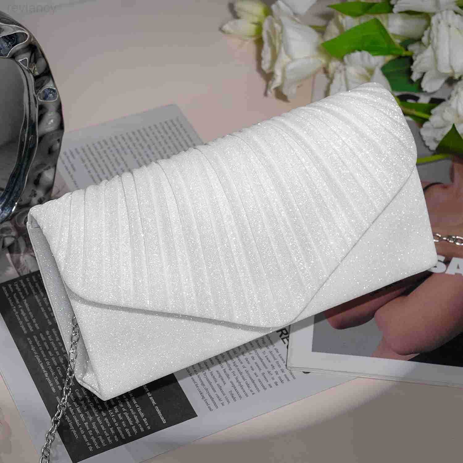White Clutch Purse for Women Elegant Pleated Evening Bags with Chain Strap Sparkly Green Sequin Envelope Clutch Bag Formal Shoulder Handbag for Weddin
