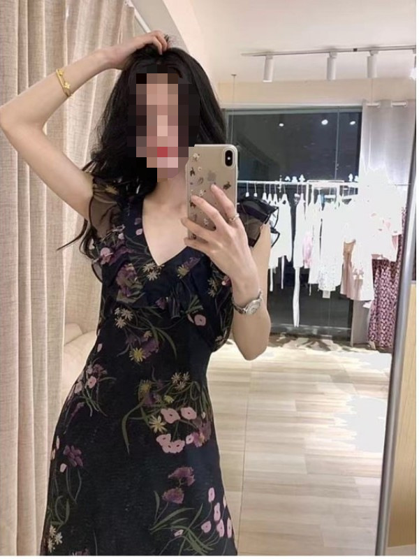 L92New women's autumn new style temperament high-end waist black floral dress
