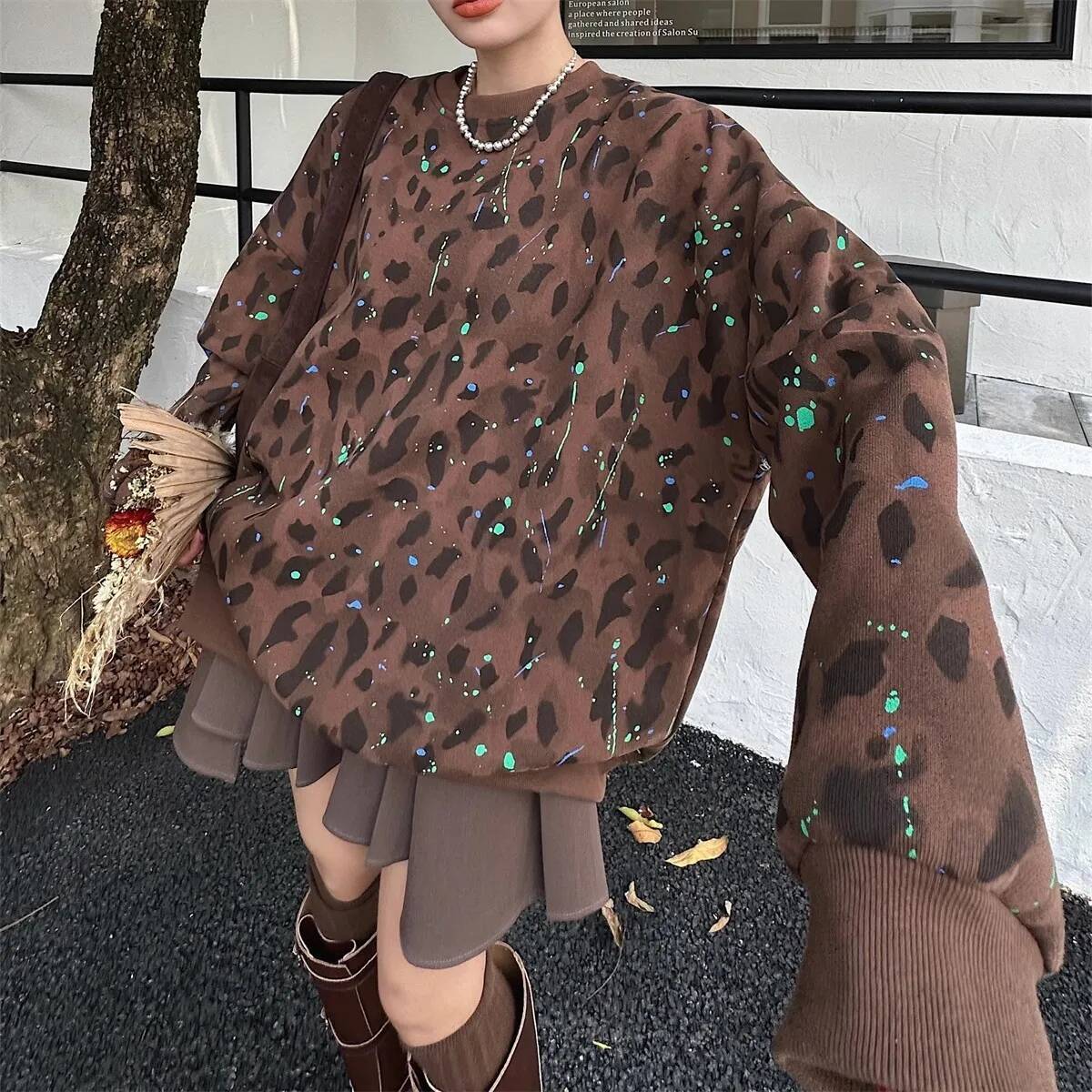 design 2025 leopard print street personality plus size sportswear YK French fashion warm pullover autumn and winter new trend designer clothing