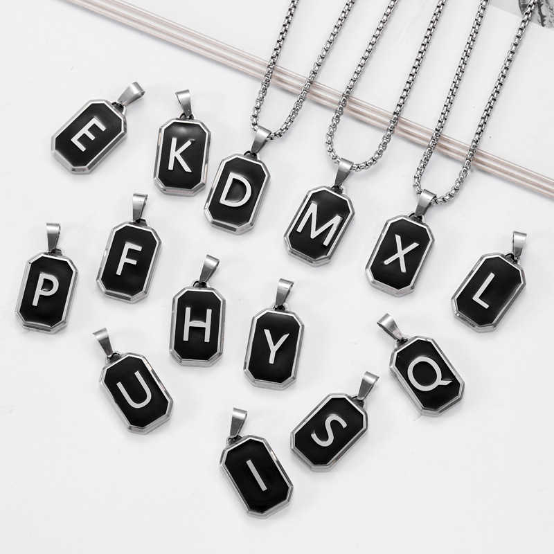 Vnox A-Z Initial Letters Men Necklaces Geometric Pendant with Box Cuban Rope Chain Stainless Steel Square Simple Collar Z250614