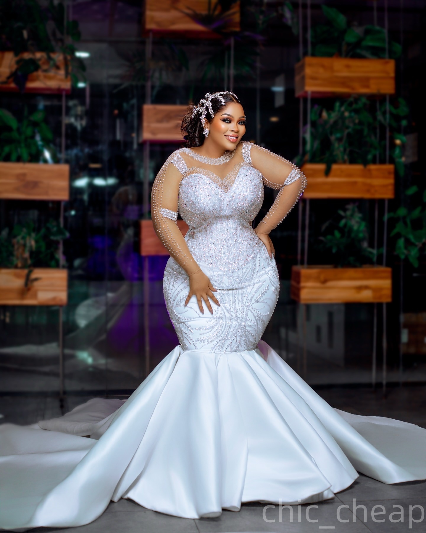 2025 Aso Ebi Plus Size Ivory Mermaid Wedding Dress Full Sleeves Beaded Sheer Neck Sequined Lace Satin Luxurious Bridal Gowns Dresses ZJ0455