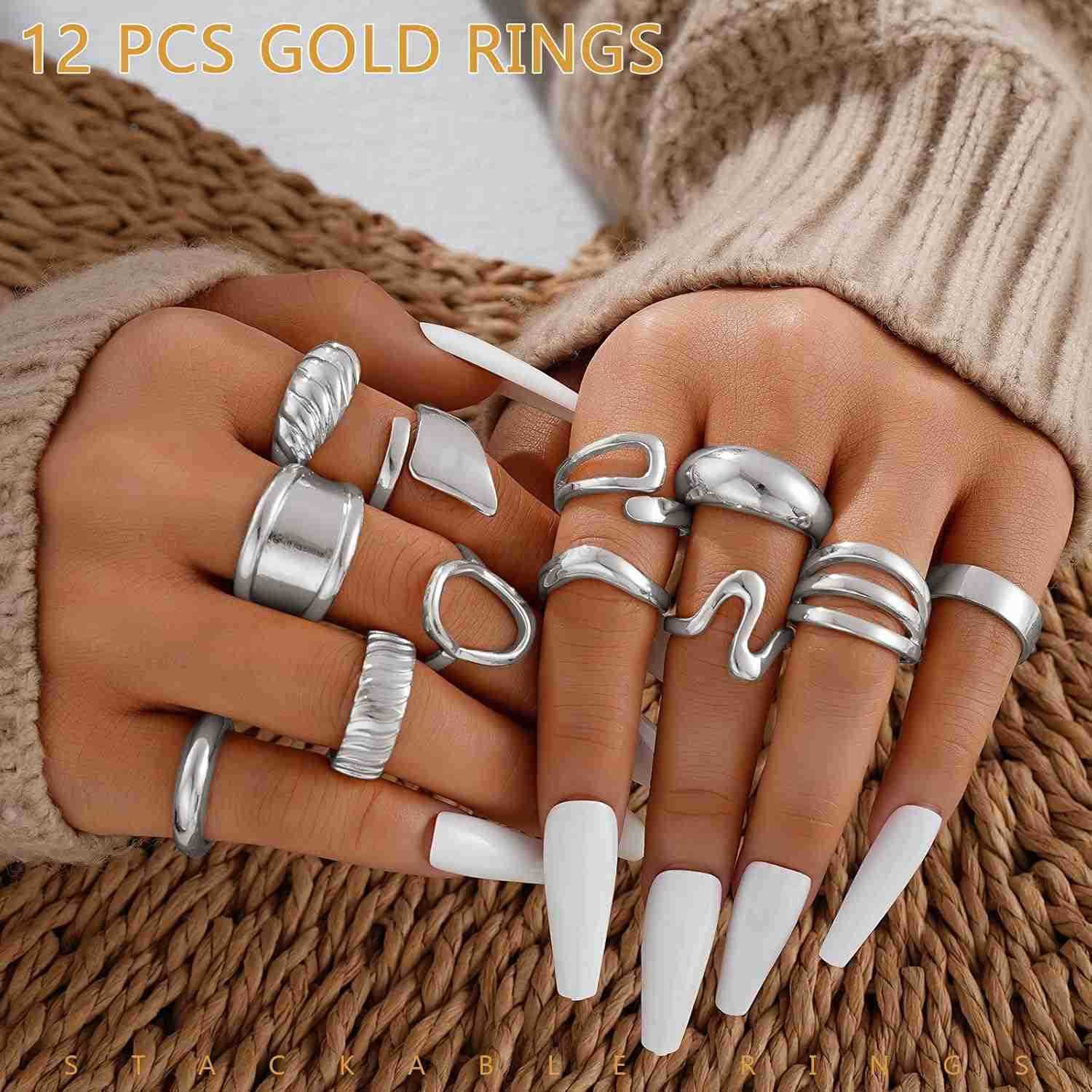 12 PCS Chunky Gold Stackable Rings for Women Non Tarnish 18K Gold Plated Statement Open Stacking Rings Knuckle Band Ring Set Y260117