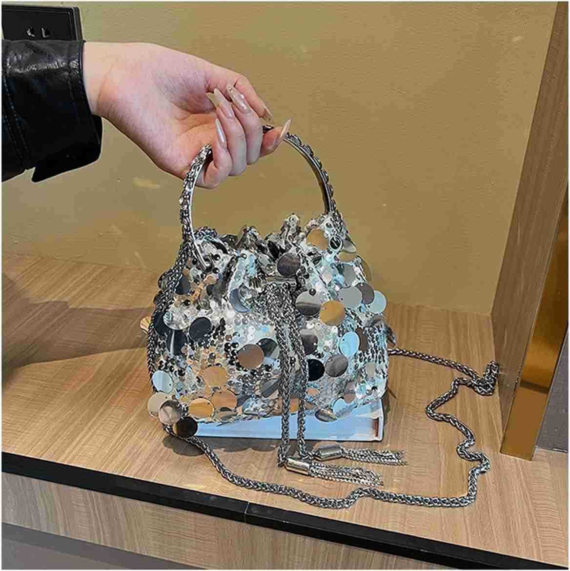 Women Sparkly Sequin Clutch Purse Glitter Metal Tassel Evening Handbag Crossbody Bag for Party Prom BanquetW250908