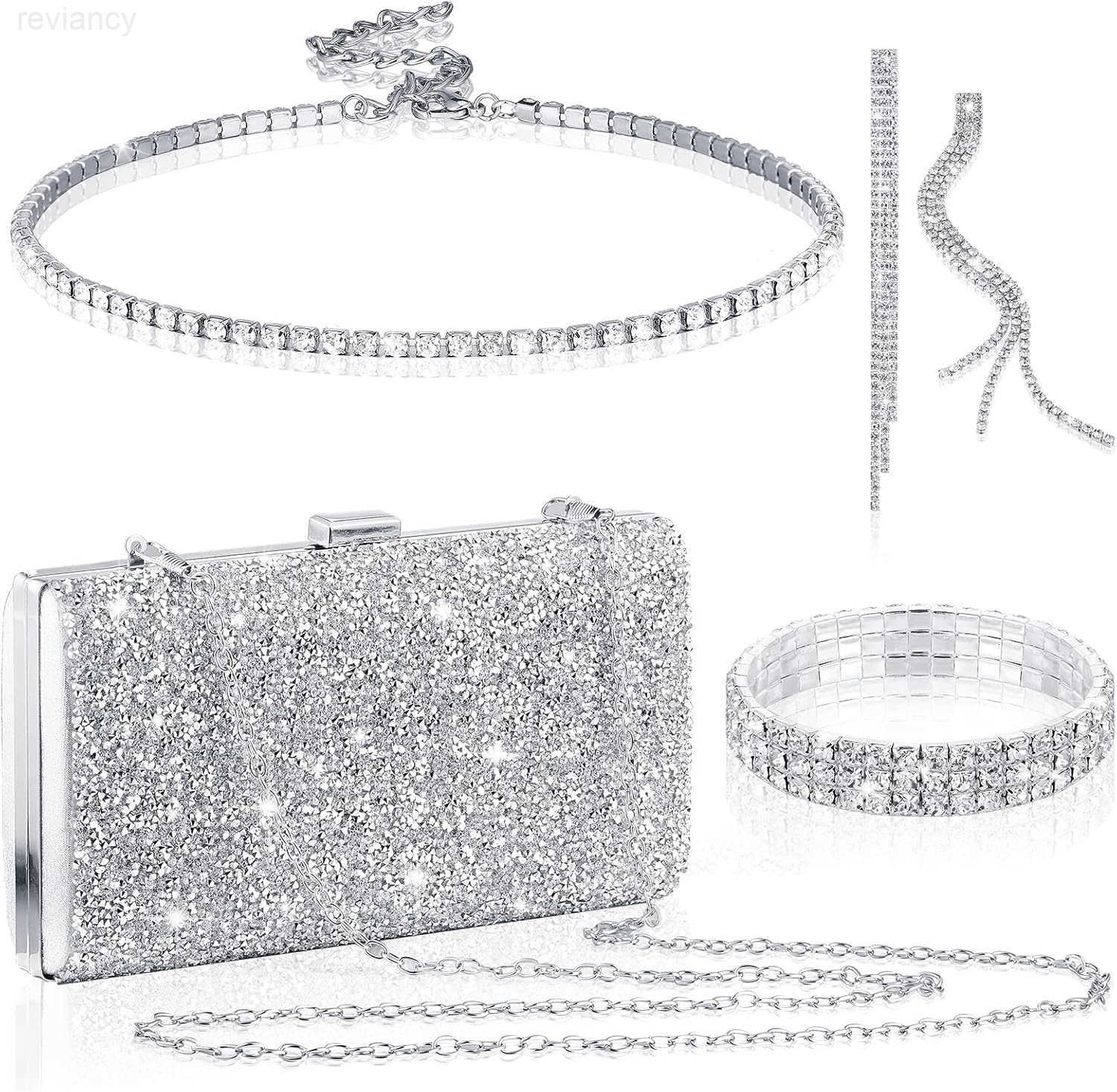 4 Pieces Women Rhinestone Evening Clutch Bag Bling Earring Necklace Bracelet for Wedding FormalW250908