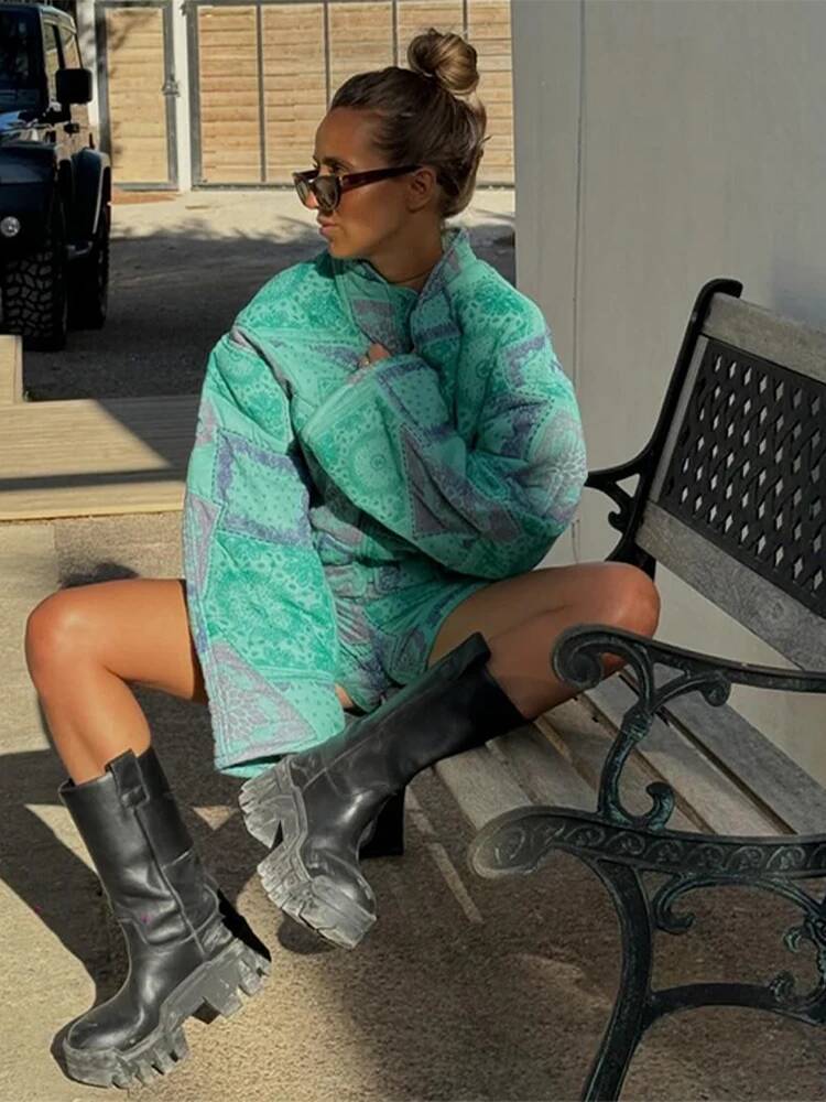 2025 Retro Green Printed Cotton Jacket Women's Stand up Collar Zipper Trendy Jacket Large Pocket Warm Jacket Autumn/Winter New design Designer Cl