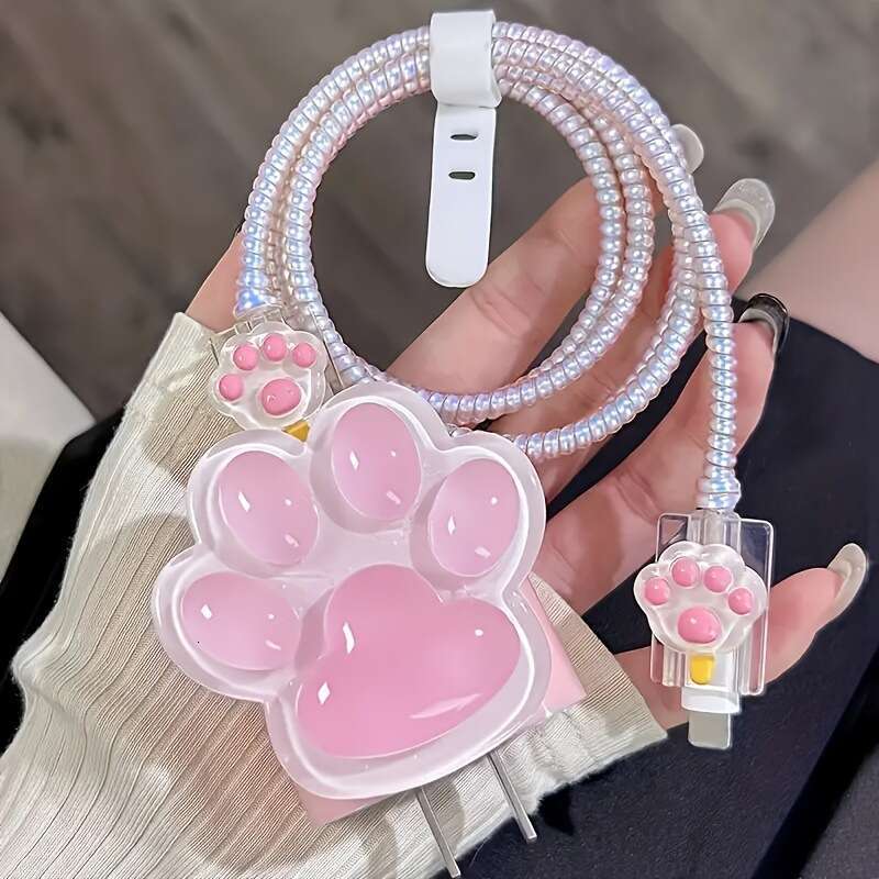 DHgargets Girly Pink Cute Cat Print Data Cable Protective Cover 20w Suitable for Apple iPhone Fast Charging Case Charger
