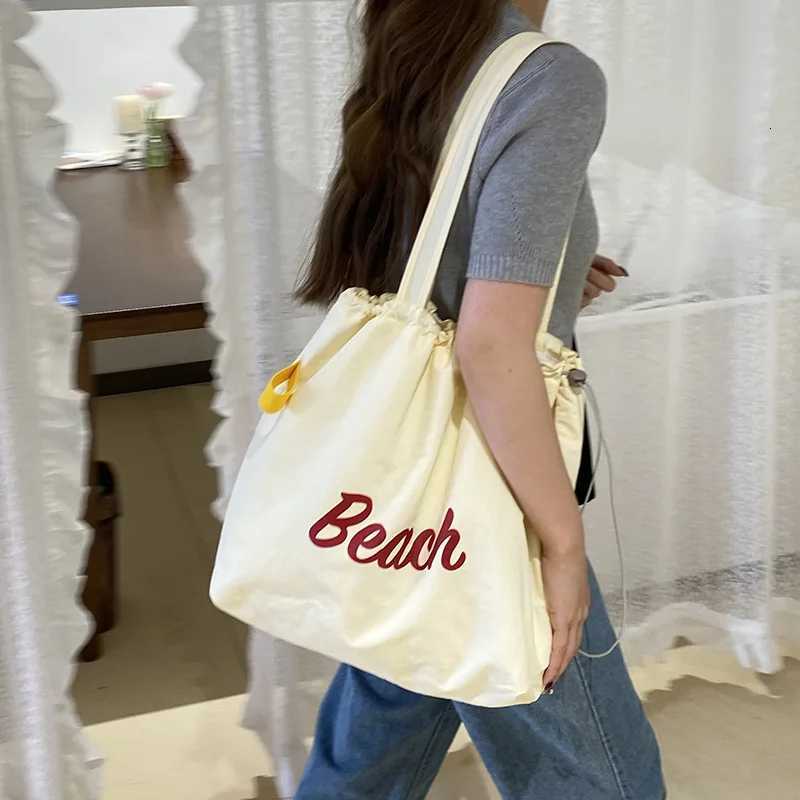 Drawstring Double Layer Shopping Bags Women Canvas Shoulder Bag Crumpled Cloth Purse Cute Beach Handbag Female Large Books Tote R250908