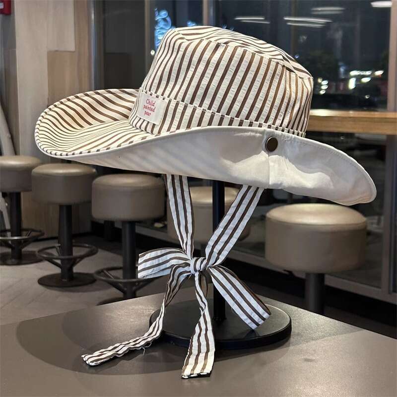 DHpet_wholesale Korean - style Ins - inspired Fresh Striped Large - brim Sun - protection Fisherman Hats for Women: Two - way Wearing & Wind - resista