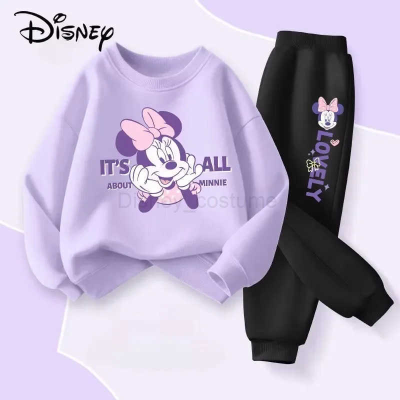 Disney 2025 Spring Autumn Childrens Clothing Sets Minnie Print Baby Girls Pullover Pant 2pcs Set Breathable Thin Kids Tracksuit H250908