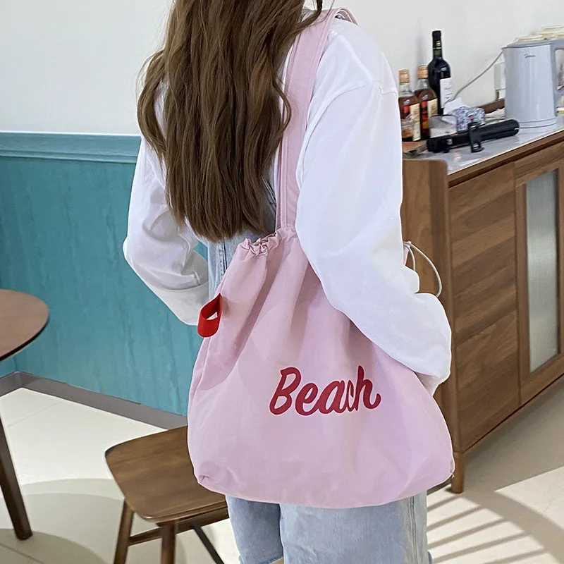 Drawstring Double Layer Shopping Bags Women Canvas Shoulder Bag Crumpled Cloth Purse Cute Beach Handbag Female Large Books Tote R250908