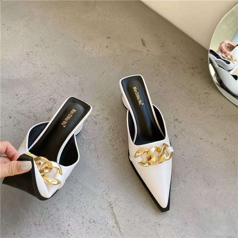 Summer Women New Black High Slippers Close Toe Block Heels Mules Designer Slip on Loafers Slides Party Shoes dh911463038