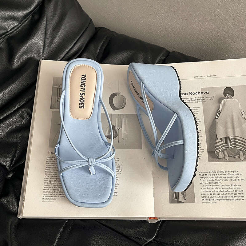 Summer Fashion Heel Flip-Flops French Style Toe Post Women's Shoes Outdoor Thin Strap Shoe Designer Vacation Evening Wedge Sandals