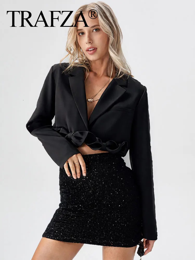 TRAFZA Female Elegant Spring Causal Blazer Solid Color TurnDown Collar Long Sleeves Bow Decorate High Street Cropped Coats 250908