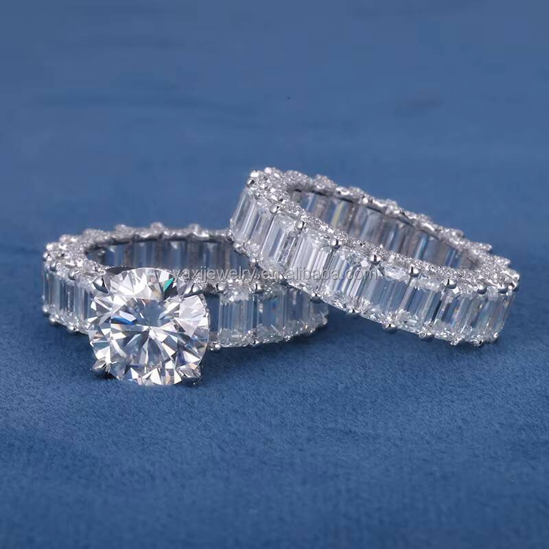 Women 3ct 5ct Round Emerald Cut D VVS Moissanite Diamond S925 Silver 9K 10K 14K 18K Solid Gold Engagement Wedding Band Set Ring