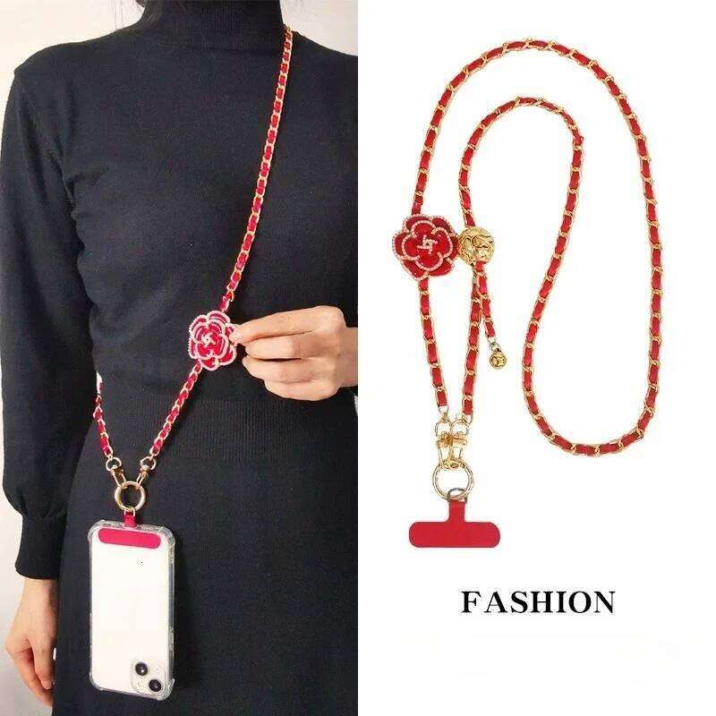 Mobile phone lanyard Adjustable Round Ball CrossbodyTelescopic Buckle Camellia Phone Lanyard Pickup Neck Bag Metal Chain Mobile