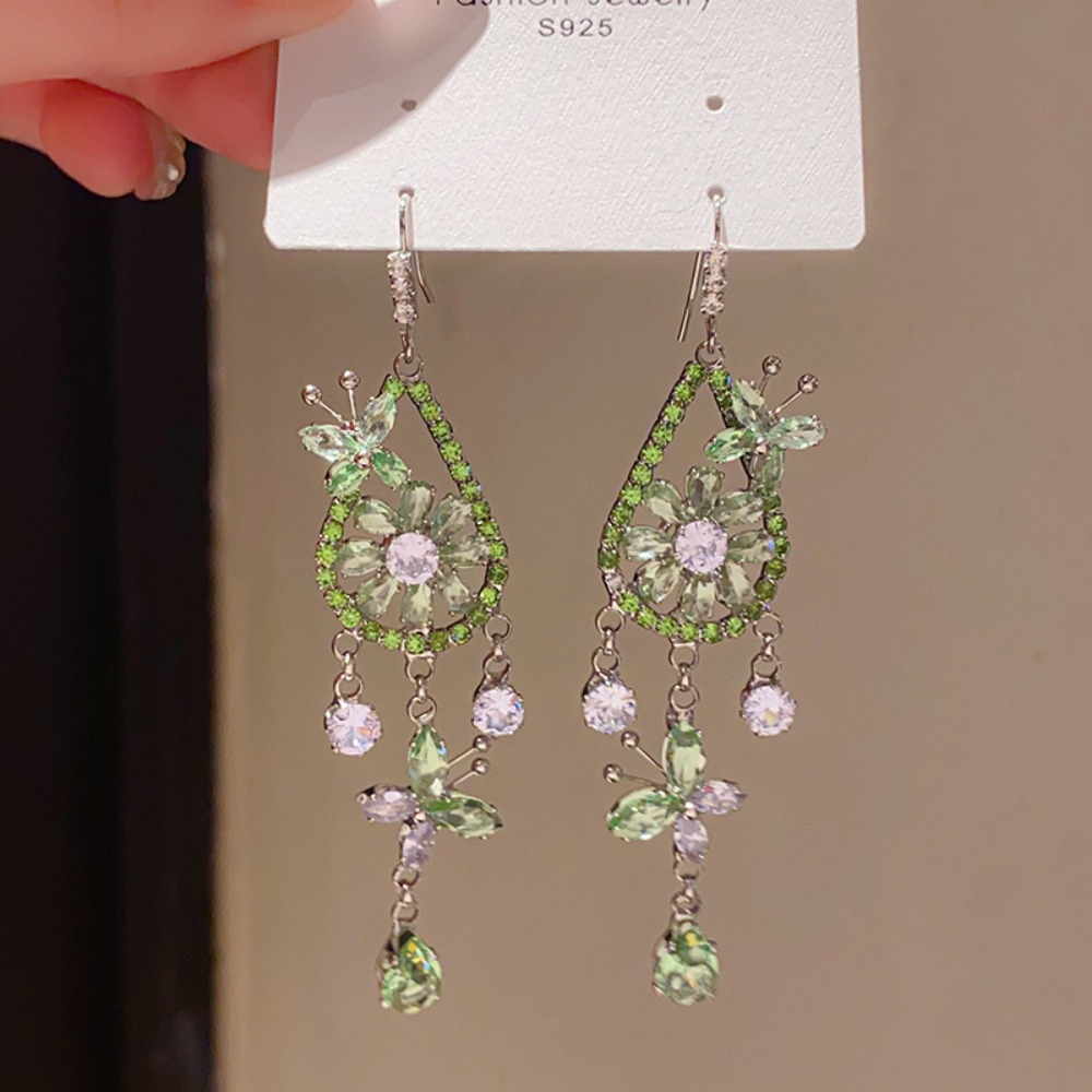 Silver Tone Purple Crystal Butterfly Floral Hook Earring With Teardrop Tassel Detail Elegant Glamorous Style Party Wear Gift For Sparkling Jewelry