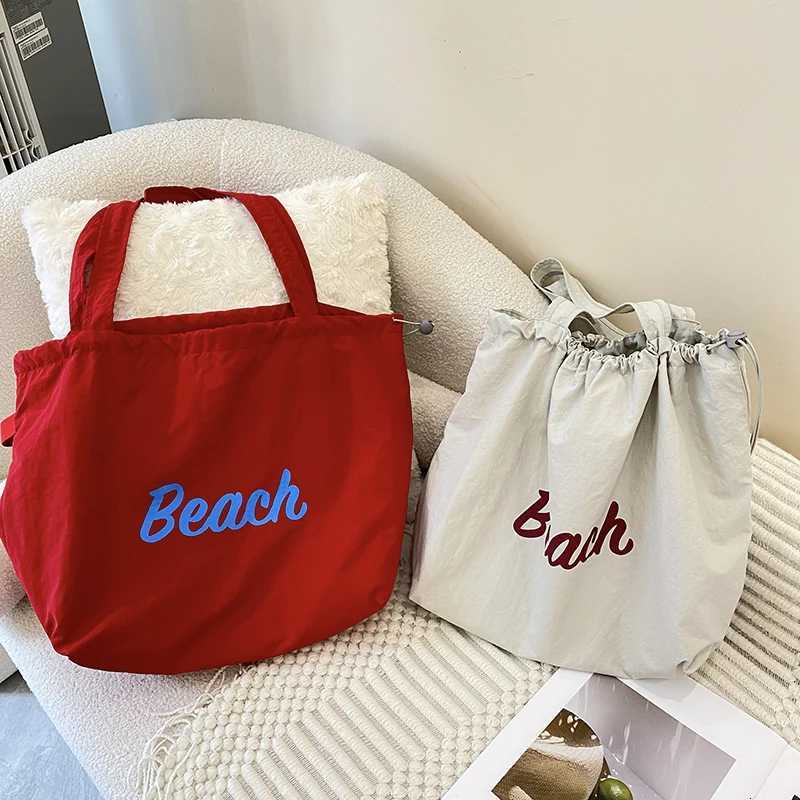 Drawstring Double Layer Shopping Bags Women Canvas Shoulder Bag Crumpled Cloth Purse Cute Beach Handbag Female Large Books Tote R250908